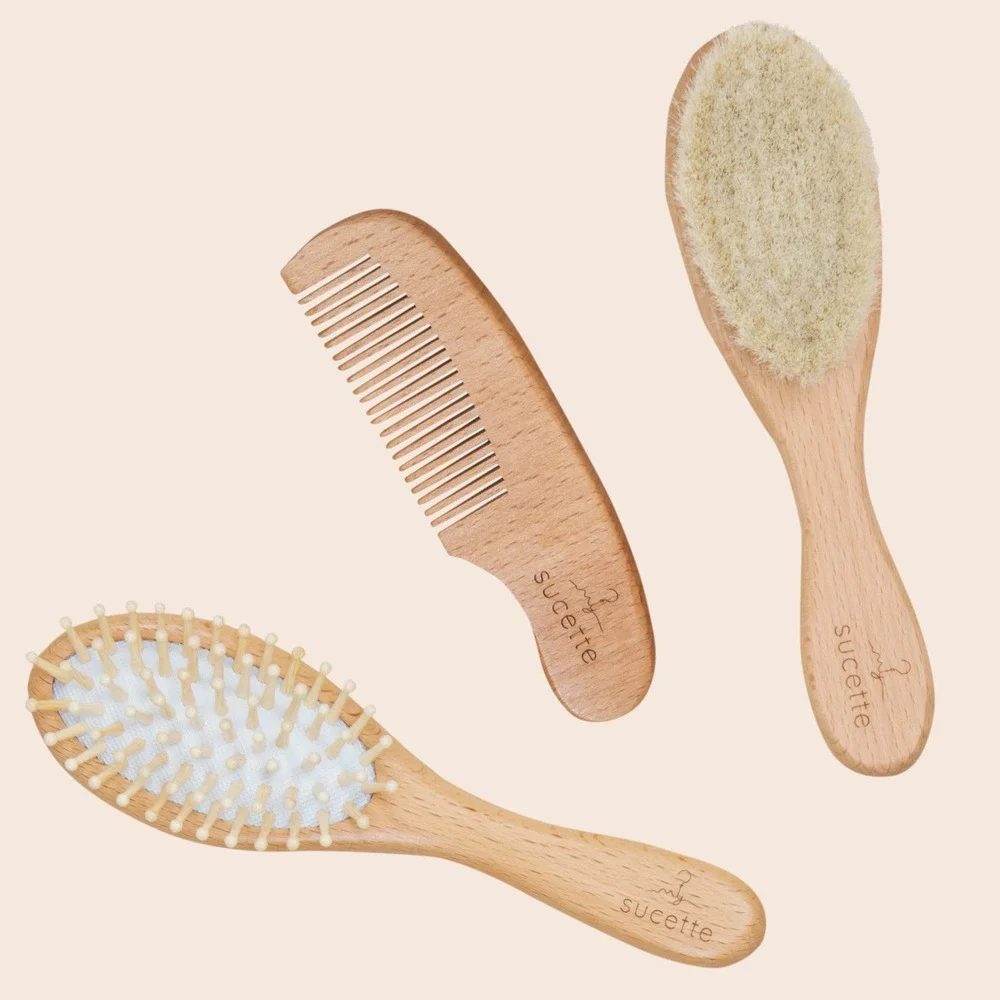 My Sucette Natural Wooden Baby Hair Brush and Comb Set 3pc - Goat hair - NEW